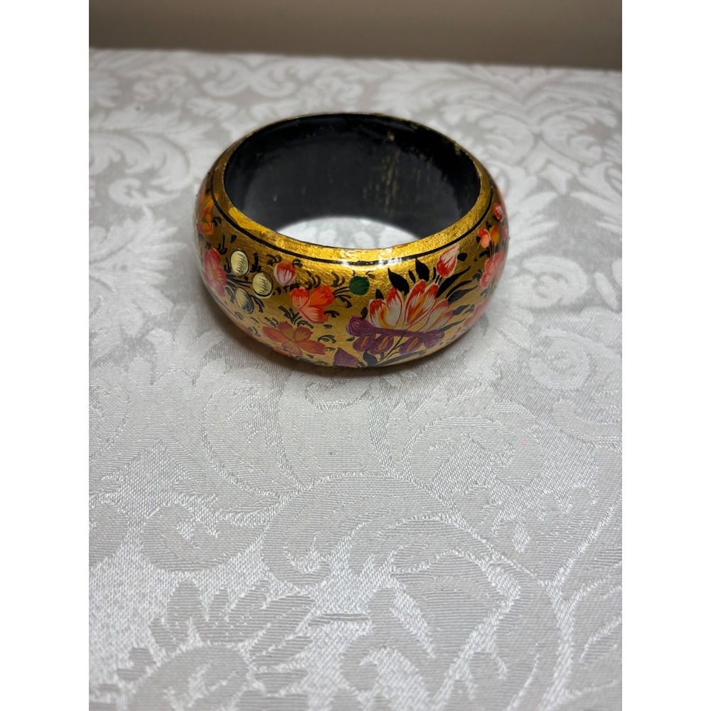 Hand Painted Floral Wood Bangle Bracelet Gold Red Black Boho Chunky Vintage